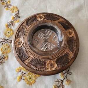 Vintage Carved Wood & Glass Ashtray Made In Postojnska, Slovenia